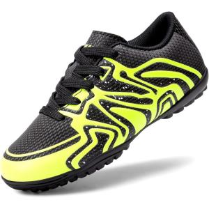 DREAM PAIRS Boys Girls Indoor Turf Soccer Cleats Lace Up Athletic Youth Futsal Football Shoes for Little/Big Kid(Black/Neon Green)