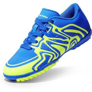 DREAM PAIRS Boys Girls Indoor Turf Soccer Cleats Lace Up Athletic Youth Futsal Football Shoes for Little/Big Kid(Royal/Lemon Green/White)