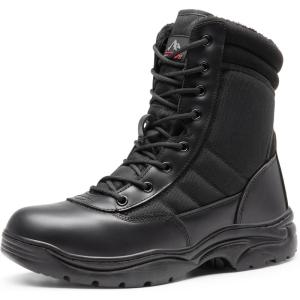 NORTIV 8 Men’s Military Tactical Work Boots Side Zipper Leather Motorcycle Combat Boots Trooper(6-8 Inches)(Black-fur Lining)