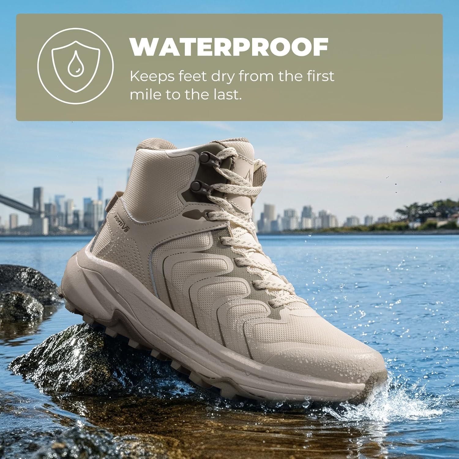 imageNORTIV 8 Womens Hiking Boots Waterproof with Arch Support Sneakers Walking Outdoor Comfortable Lightweight Boot Echo MidKhaki
