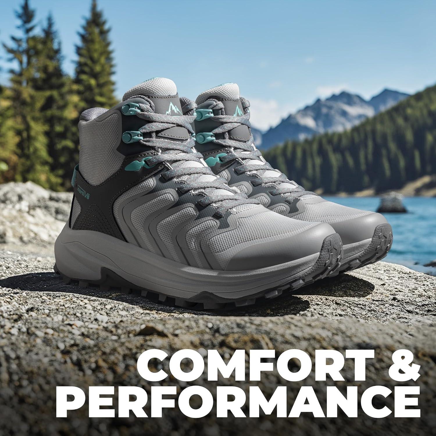 imageNORTIV 8 Womens Hiking Boots Waterproof with Arch Support Sneakers Walking Outdoor Comfortable Lightweight Boot Echo MidLight Grey