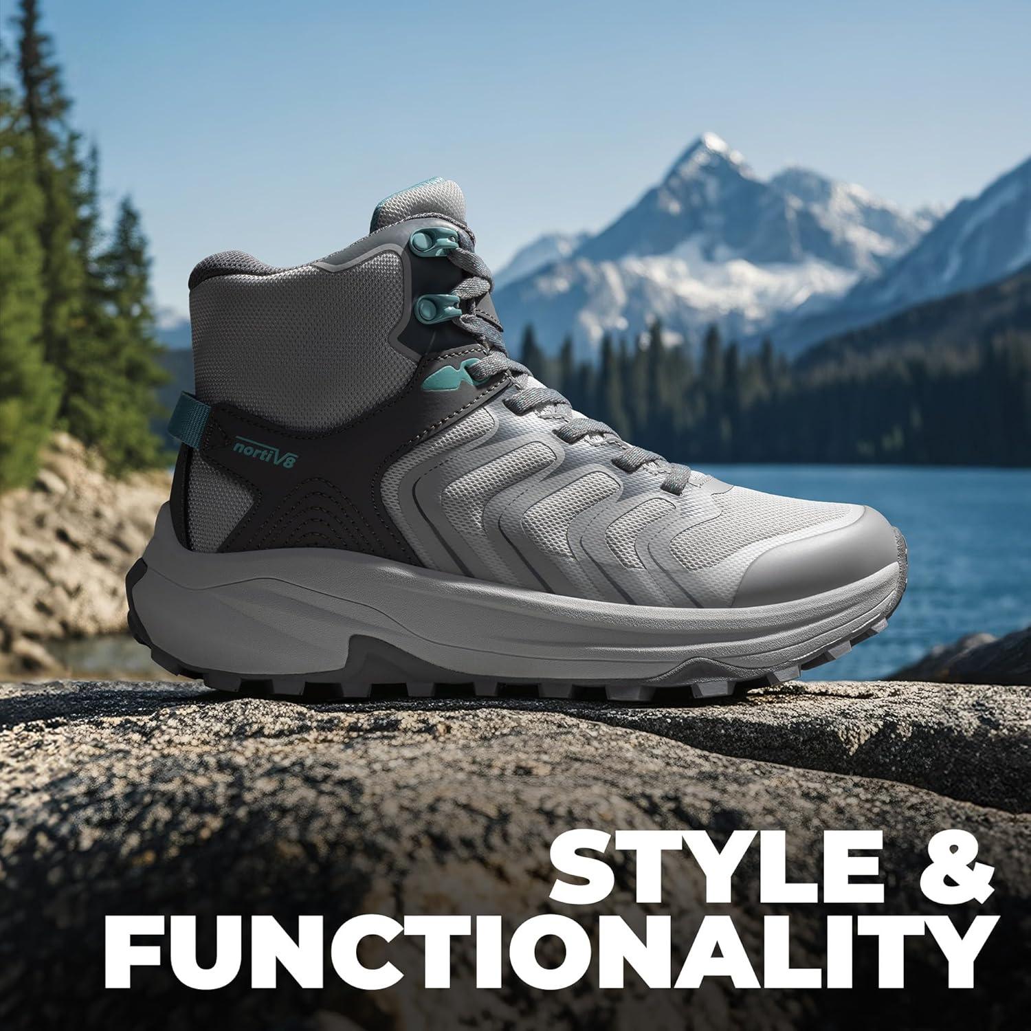 imageNORTIV 8 Womens Hiking Boots Waterproof with Arch Support Sneakers Walking Outdoor Comfortable Lightweight Boot Echo MidLight Grey