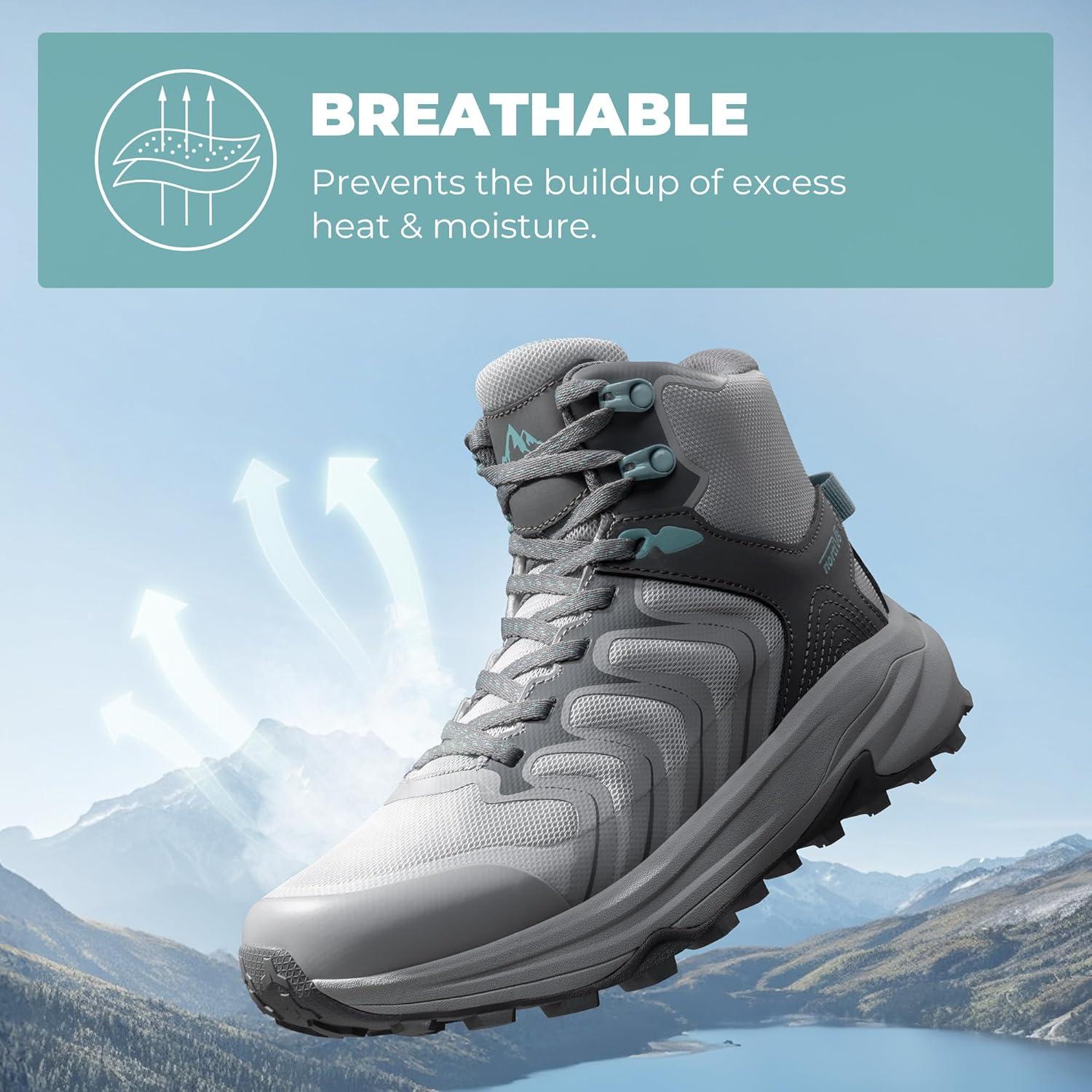 imageNORTIV 8 Womens Hiking Boots Waterproof with Arch Support Sneakers Walking Outdoor Comfortable Lightweight Boot Echo MidLight Grey