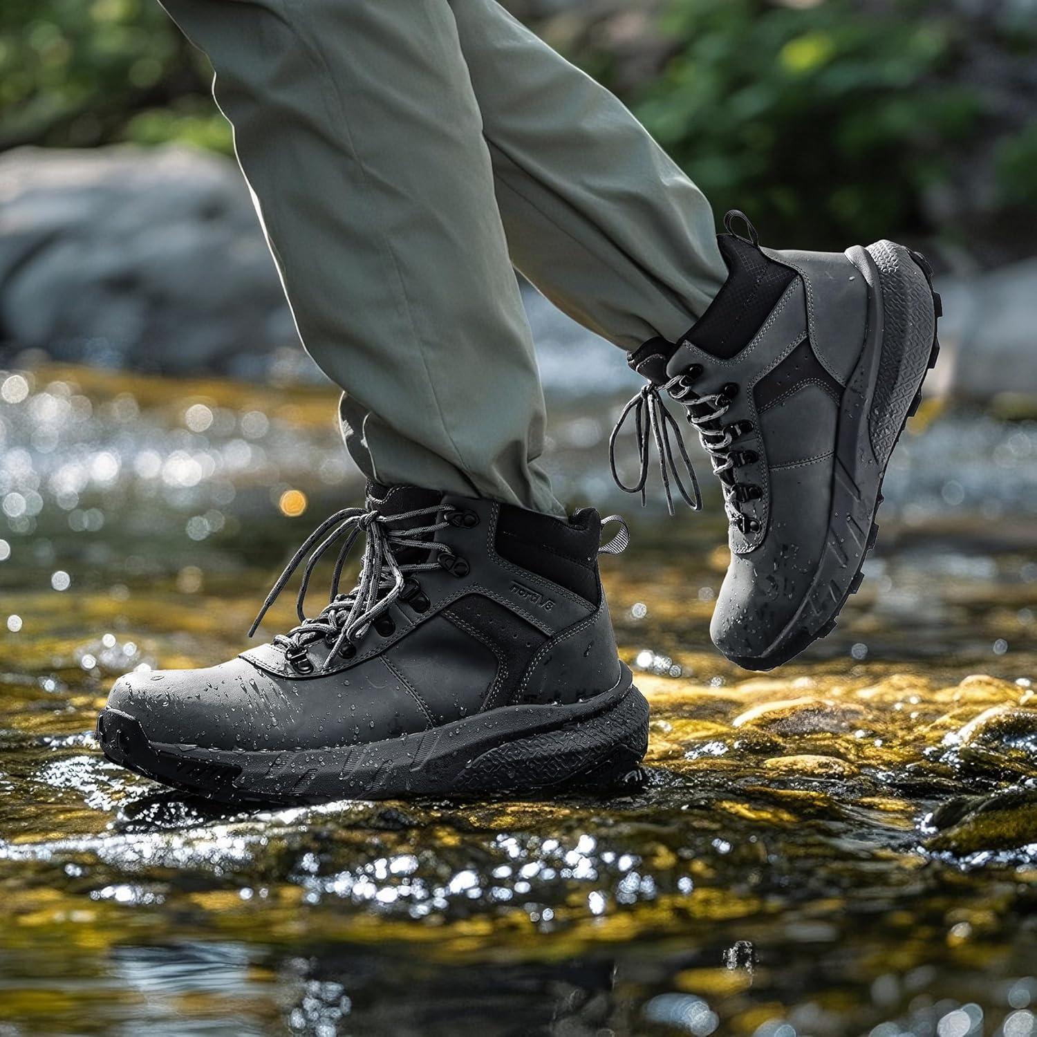 imageNORTIV 8 Mens Waterproof Hiking Boots Lightweight Outdoor Mid Trekking Winter Snow Leather Shoes DriftShieldGrey