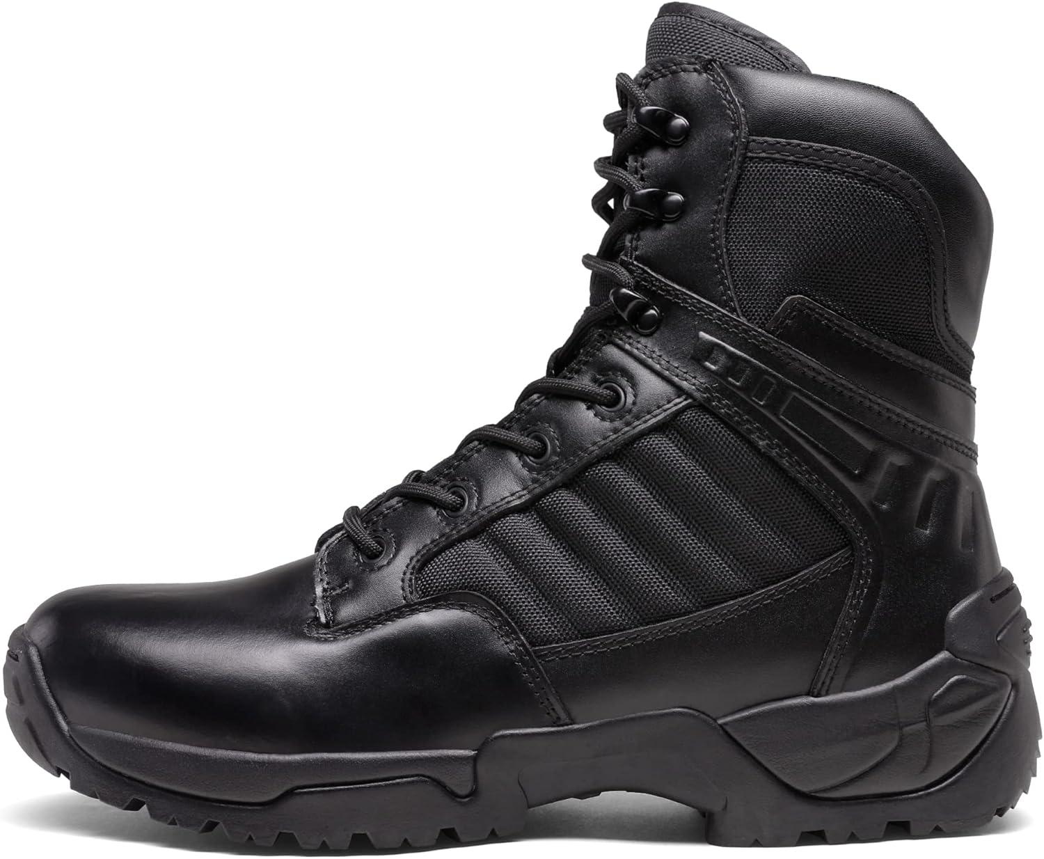 imageNORTIV 8 Mens Side Zipper Military Tactical Work Boots Leather Motorcycle Combat BootsBlack