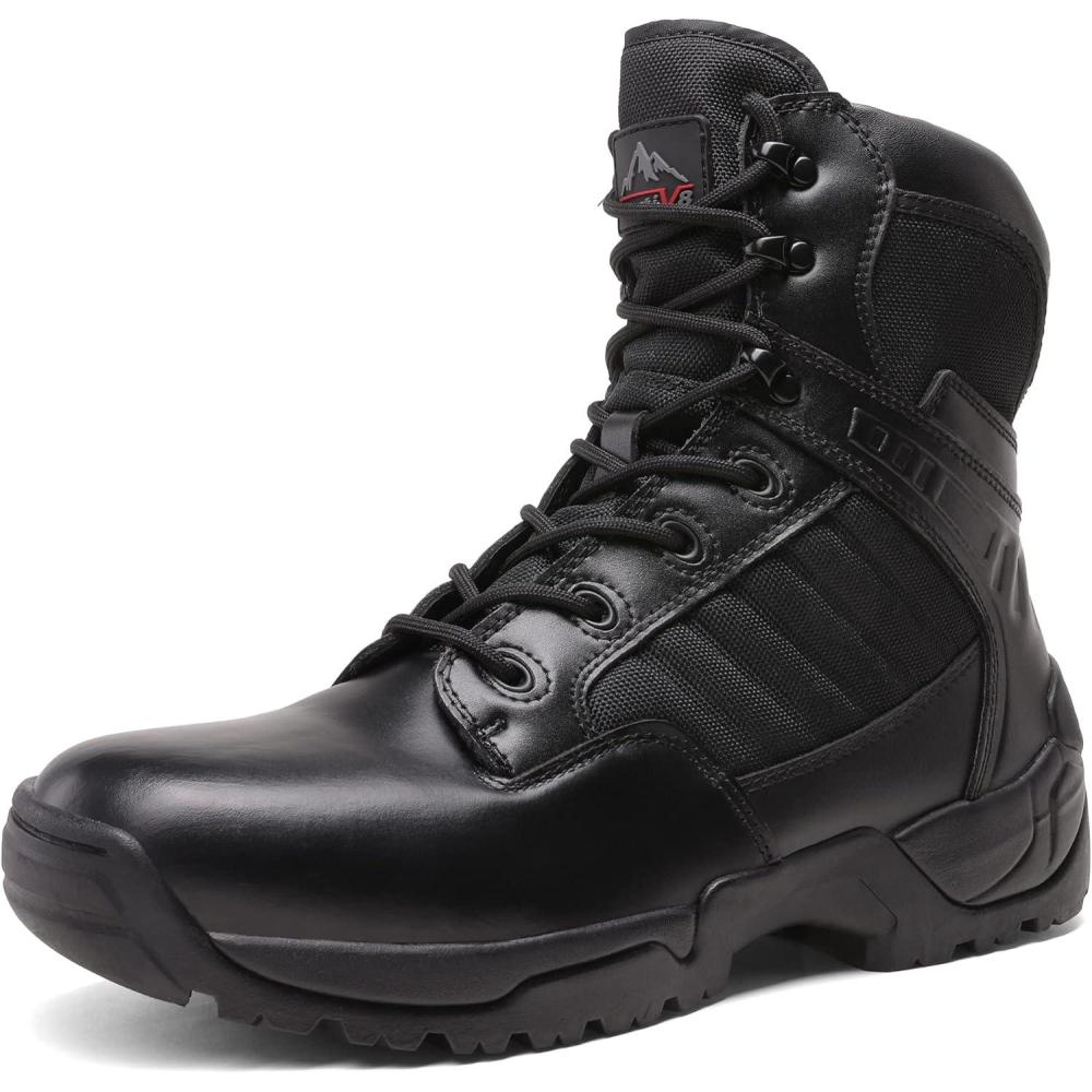 imageNORTIV 8 Mens Side Zipper Military Tactical Work Boots Leather Motorcycle Combat BootsBlack