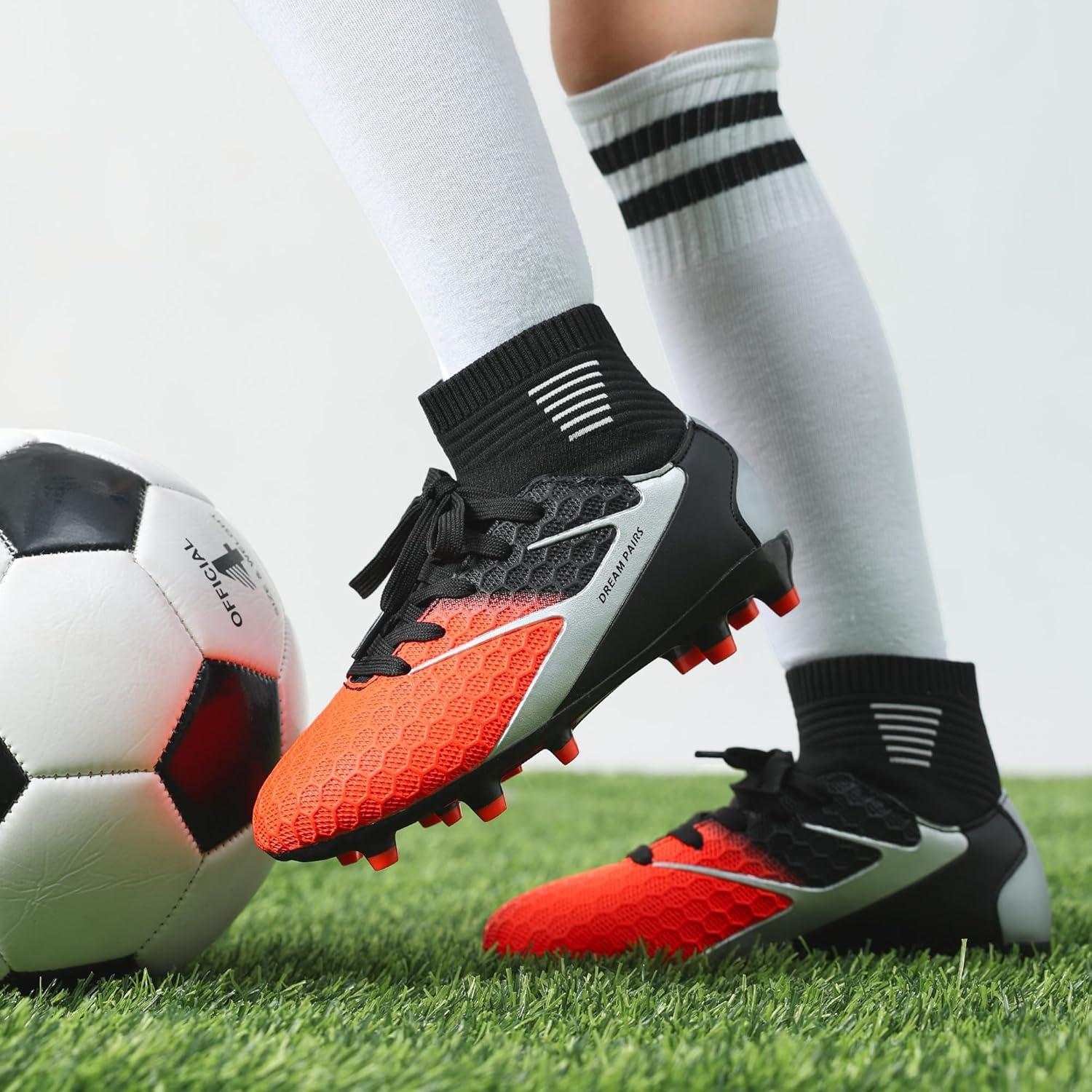 imageDREAM PAIRS Boys Girls Soccer Cleats Youth Firm Groud Outdoor Sport Athletic High Top Football Shoes for LittleBig KidBlackGreyOrange