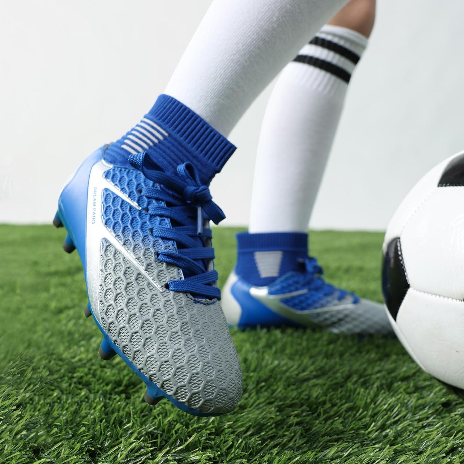 imageDREAM PAIRS Boys Girls Soccer Cleats Youth Firm Groud Outdoor Sport Athletic High Top Football Shoes for LittleBig KidBlueWhiteGrey
