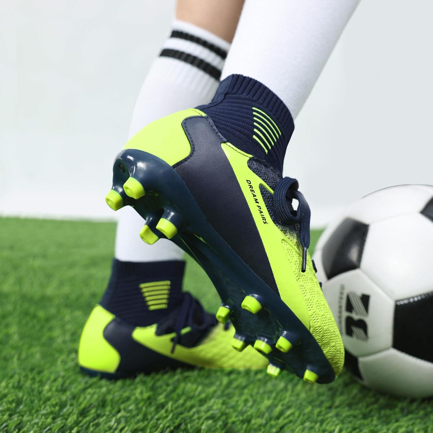 imageDREAM PAIRS Boys Girls Soccer Cleats Youth Firm Groud Outdoor Sport Athletic High Top Football Shoes for LittleBig KidDarkBlueNeonGreen