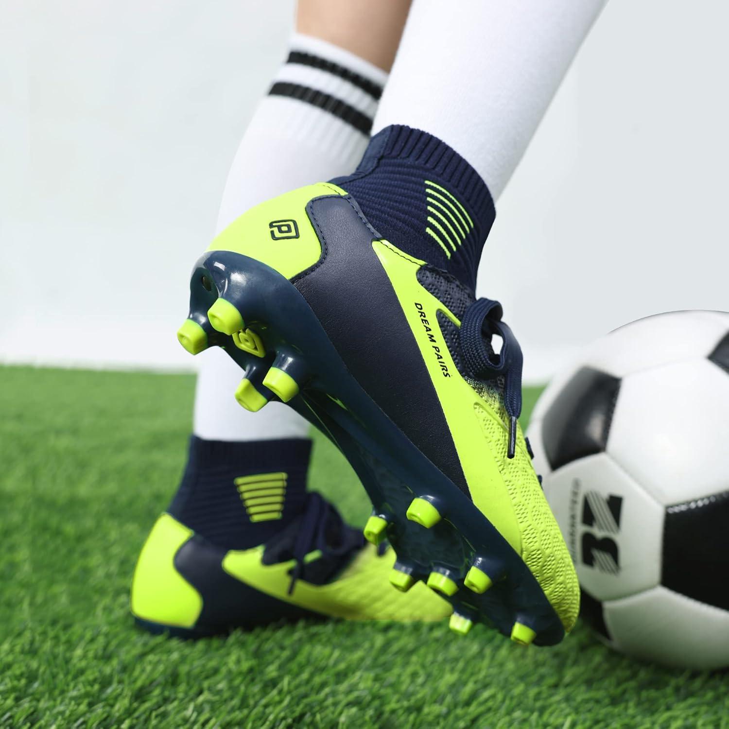 imageDREAM PAIRS Boys Girls Soccer Cleats Youth Firm Groud Outdoor Sport Athletic High Top Football Shoes for LittleBig KidDarkBlueNeonGreen