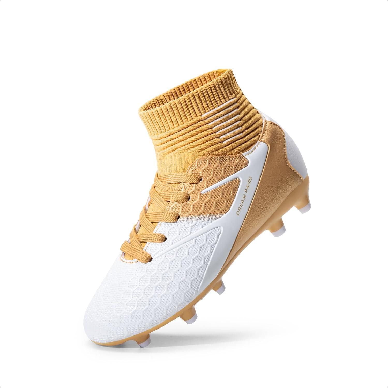 imageDREAM PAIRS Boys Girls Soccer Cleats Youth Firm Groud Outdoor Sport Athletic High Top Football Shoes for LittleBig KidGoldWhite