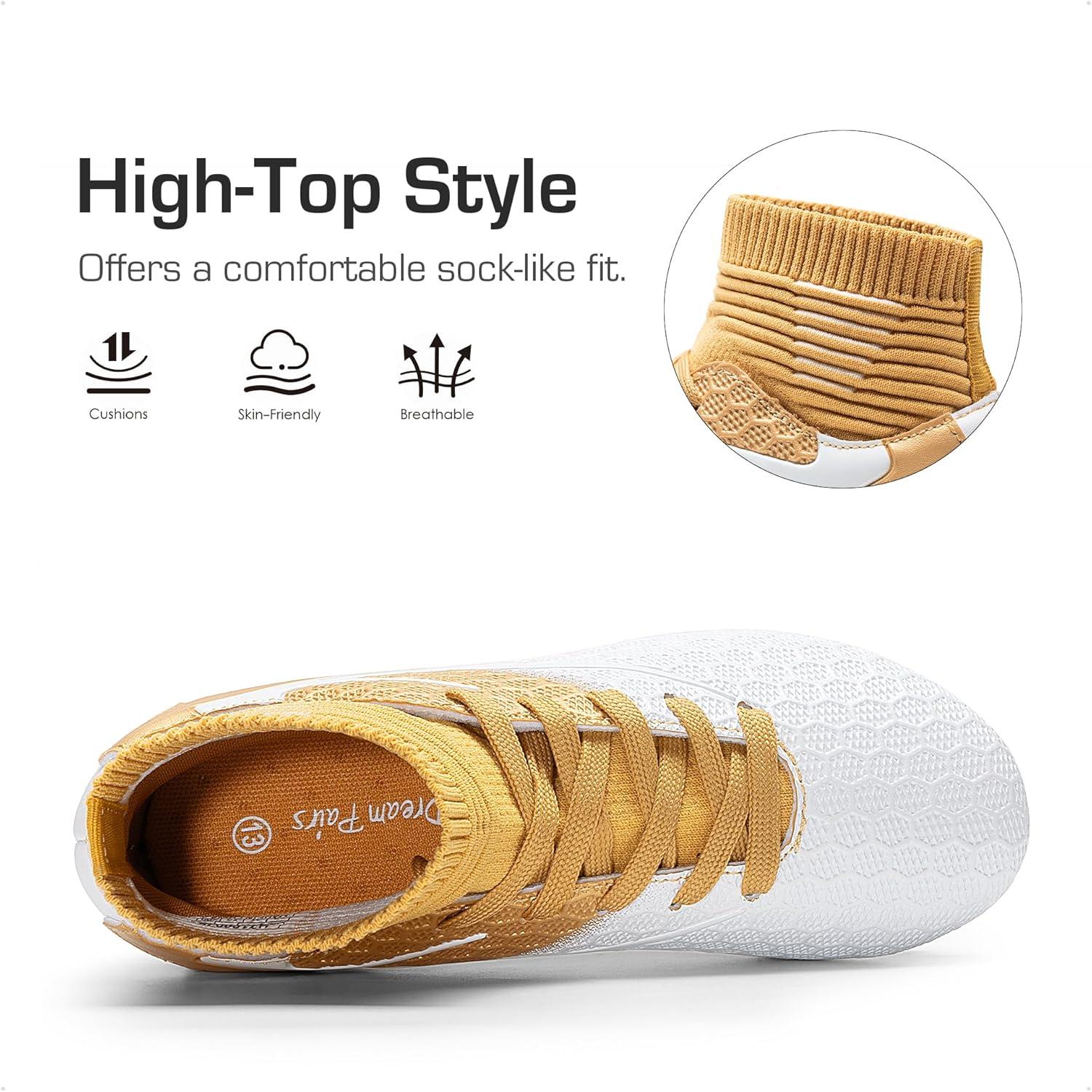 imageDREAM PAIRS Boys Girls Soccer Cleats Youth Firm Groud Outdoor Sport Athletic High Top Football Shoes for LittleBig KidGoldWhite