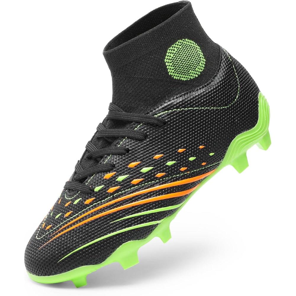 imageDREAM PAIRS Boys Girls Football Cleats Youth Firm Groud Outdoor Trainning Athletic Sport High Top Soccer Shoes for LittleBig KidBlackNeon Green