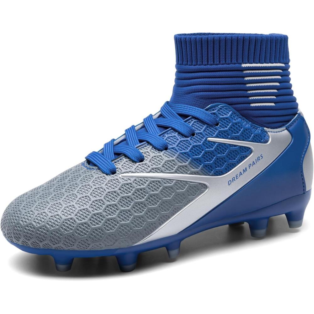 imageDREAM PAIRS Boys Girls Soccer Cleats Youth Firm Groud Outdoor Sport Athletic High Top Football Shoes for LittleBig KidBlueWhiteGrey