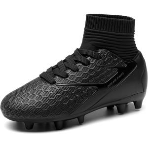 DREAM PAIRS Boys Girls Soccer Cleats Youth Firm Groud Outdoor Sport Athletic High Top Football Shoes for Little/Big Kid(Black Monochrome)