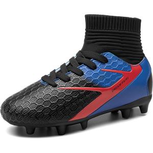 DREAM PAIRS Boys Girls Soccer Cleats Youth Firm Groud Outdoor Sport Athletic High Top Football Shoes for Little/Big Kid(Black/Royal Blue/Red)