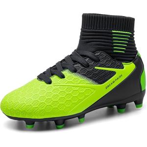 DREAM PAIRS Boys Girls Soccer Cleats Youth Firm Groud Outdoor Sport Athletic High Top Football Shoes for Little/Big Kid(Dark/Blue/Neon/Green)