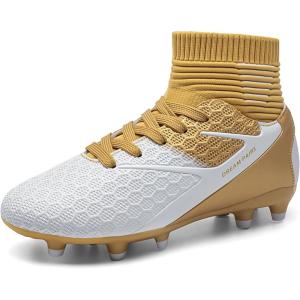 DREAM PAIRS Boys Girls Soccer Cleats Youth Firm Groud Outdoor Sport Athletic High Top Football Shoes for Little/Big Kid(Gold/White)