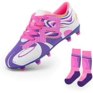 DREAM PAIRS Boys Girls Soccer Cleats Youth Firm Groud Sport Football Cleats with Soccer Socks for Little/Big Kid/Toddler(White/Purple)