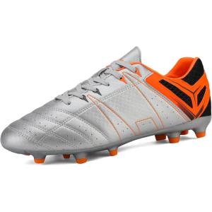 DREAM PAIRS Mens Sport Flexible Athletic Lace Up Light Weight Outdoor Cleats Football Soccer Shoes(Silver/Orange/Black)