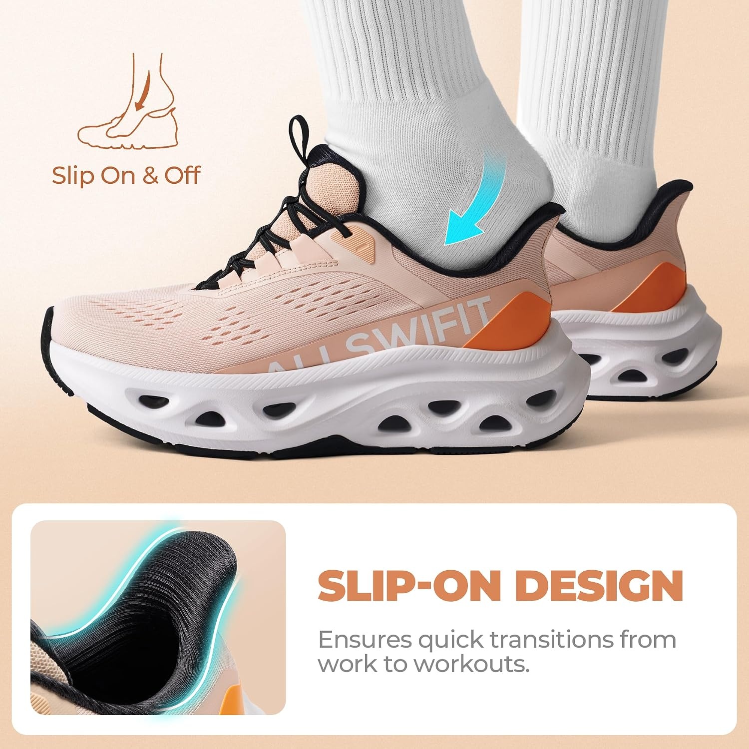 image:imageALLSWIFIT Womens Slip On Walking Shoes Cushioning Hands Free Non Slip Breathable Comfort Workout Running Jogging Gym Athletic Tennis MoveSlide Fashion SneakersPinkOrange