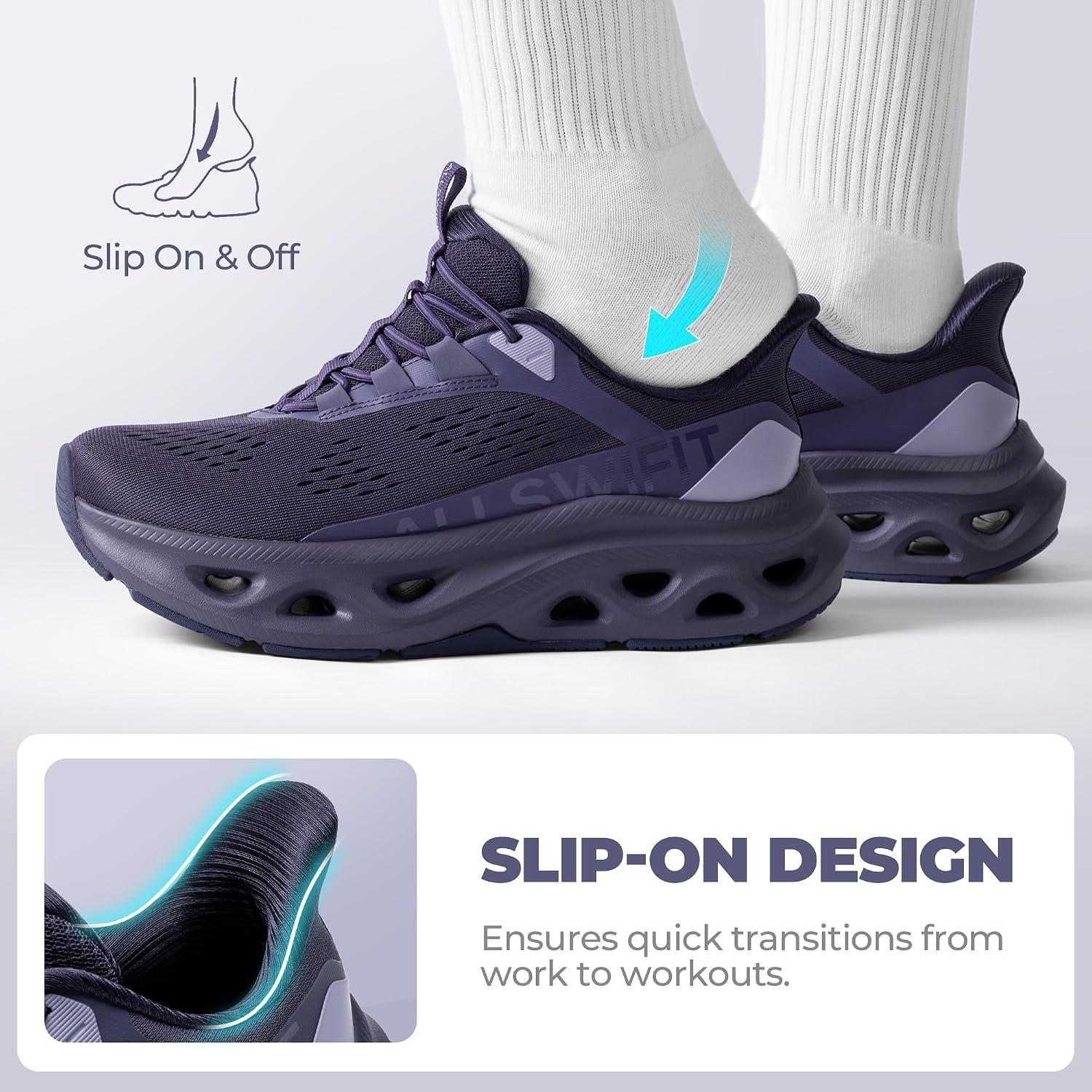 image:imageALLSWIFIT Womens Slip On Walking Shoes Cushioning Hands Free Non Slip Breathable Comfort Workout Running Jogging Gym Athletic Tennis MoveSlide Fashion SneakersDark Purple