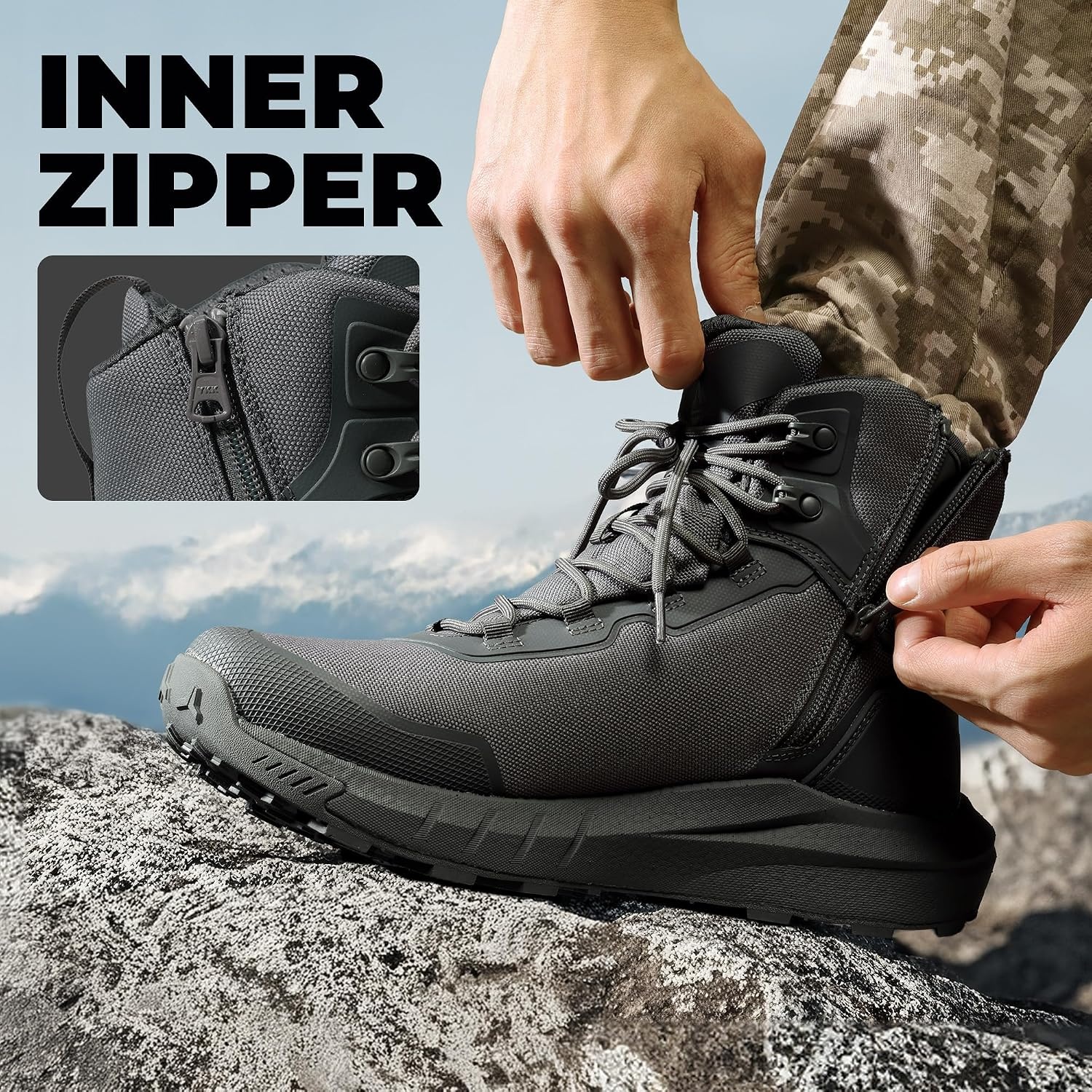 image:imageNORTIV 8 Mens Tactical Hiking Lightweight Cushion Sole for Work All Day Side Zipper Motorcycle Combat Military Boot Arch Support 8 Inches TerrascopeGrey