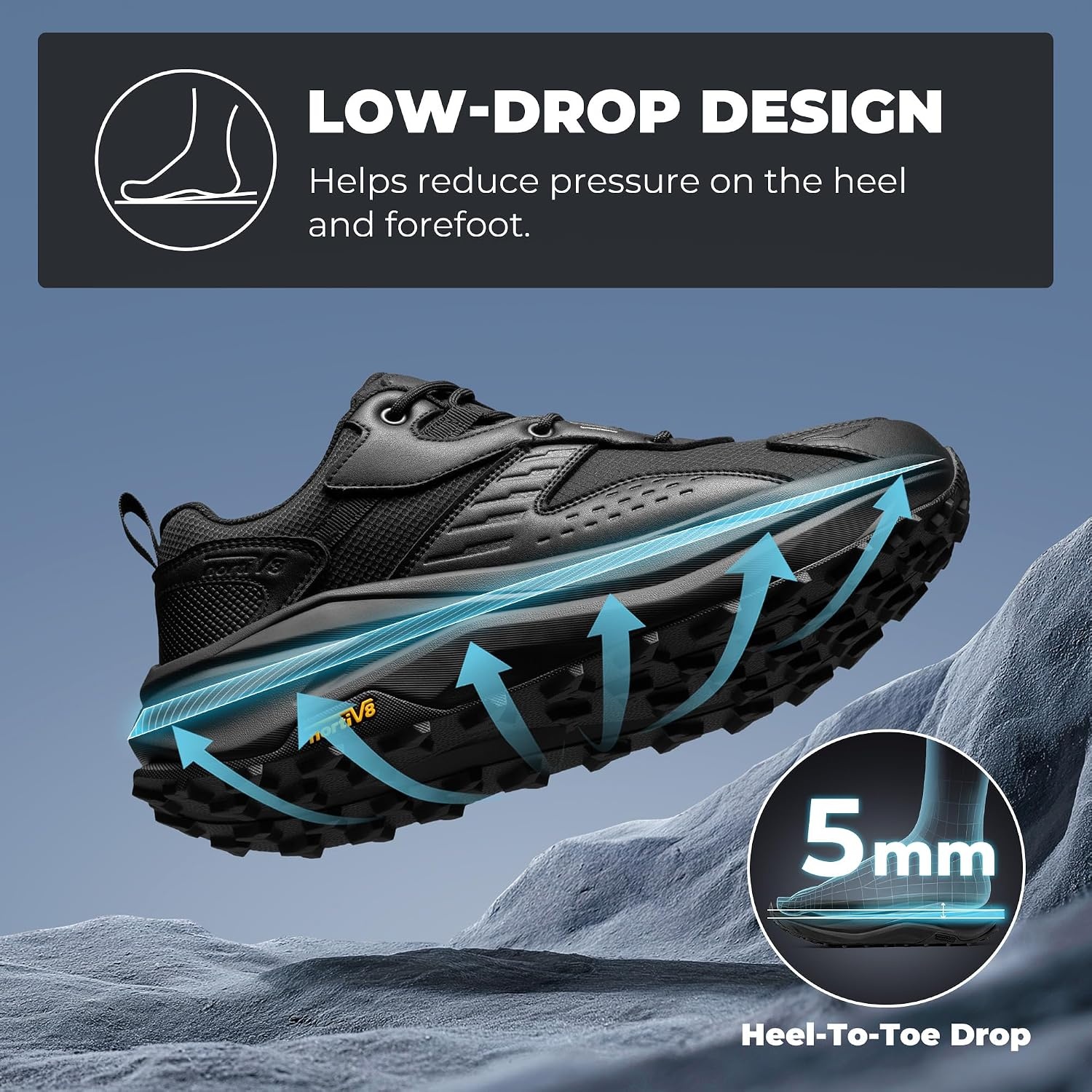 image:imageNORTIV 8 Mens Wide Toe Box Hiking Shoes Low Drop Waterproof Hiking Shoes for Walking Outdoor Trekking Camping Climbing Daily Fashion SneakersBlack