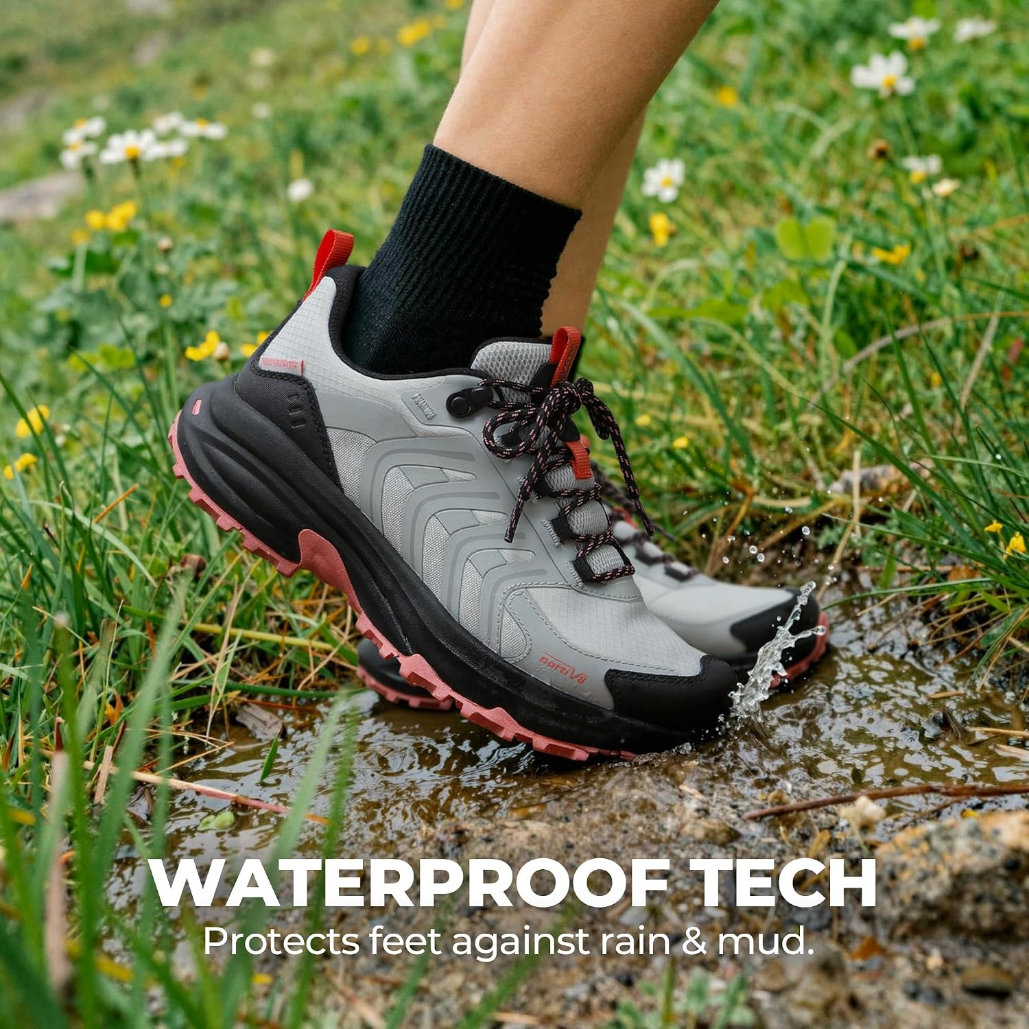 image:imageNORTIV 8 Womens Waterproof Hiking Shoes Lightweight Travel for Walking All Day Comfort NonSlip Outdoor Trekking Camping Climbing Fashion Sneakers Armadillo FieldLiteGrey Pink