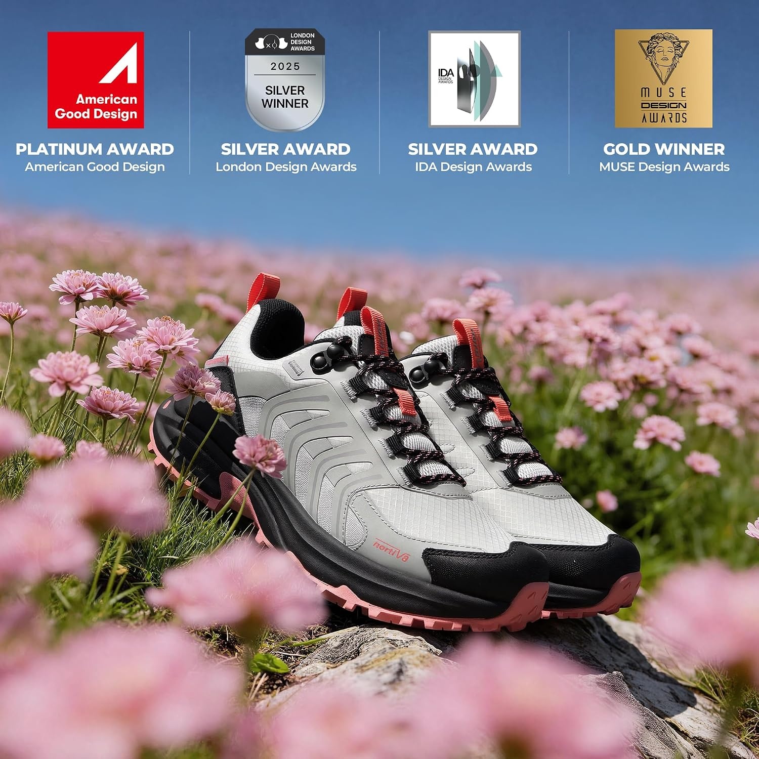 image:imageNORTIV 8 Womens Waterproof Hiking Shoes Lightweight Travel for Walking All Day Comfort NonSlip Outdoor Trekking Camping Climbing Fashion Sneakers Armadillo FieldLiteGrey Pink