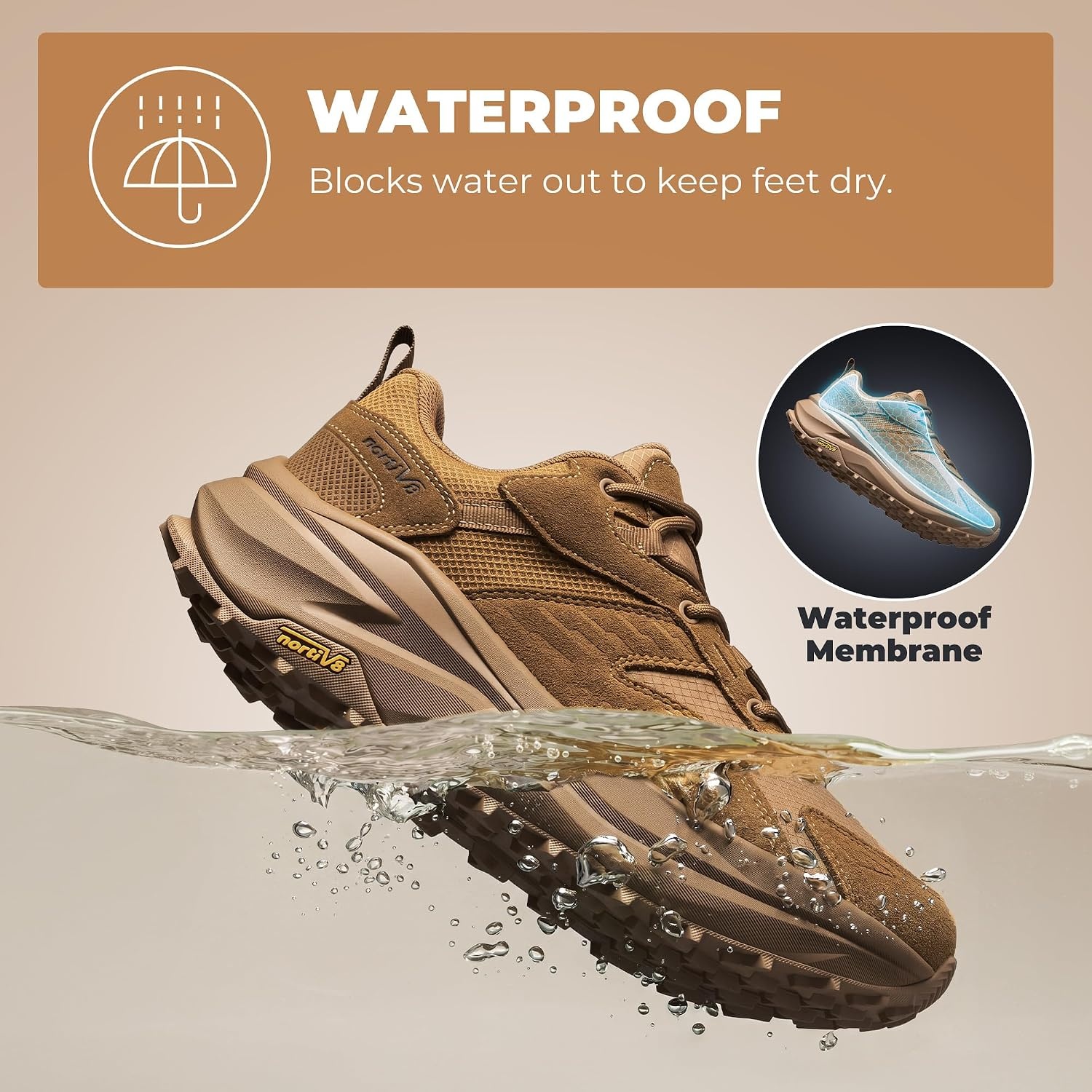 image:imageNORTIV 8 Mens Wide Toe Box Waterproof Hiking Shoes Lightweight Comfortable Low Drop Hiking Shoes for Travel Hiking Outdoor Walking Trekking Camping Summer VacationCoyote