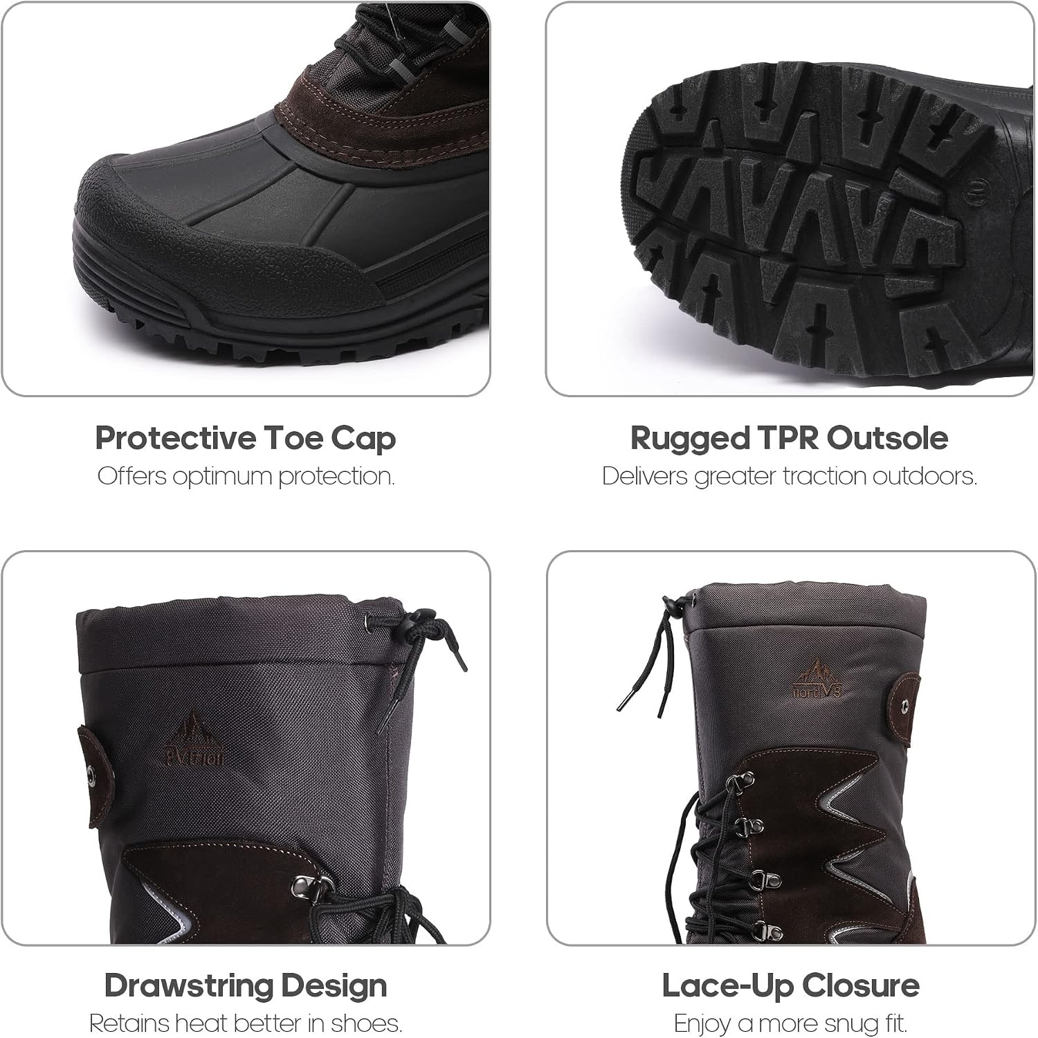 image:imageNORTIV 8 Mens Waterproof Winter Snow Boots Insulated Fur Liner Lightweight Outdoor Tall Boots QUEBECMBrownBlack