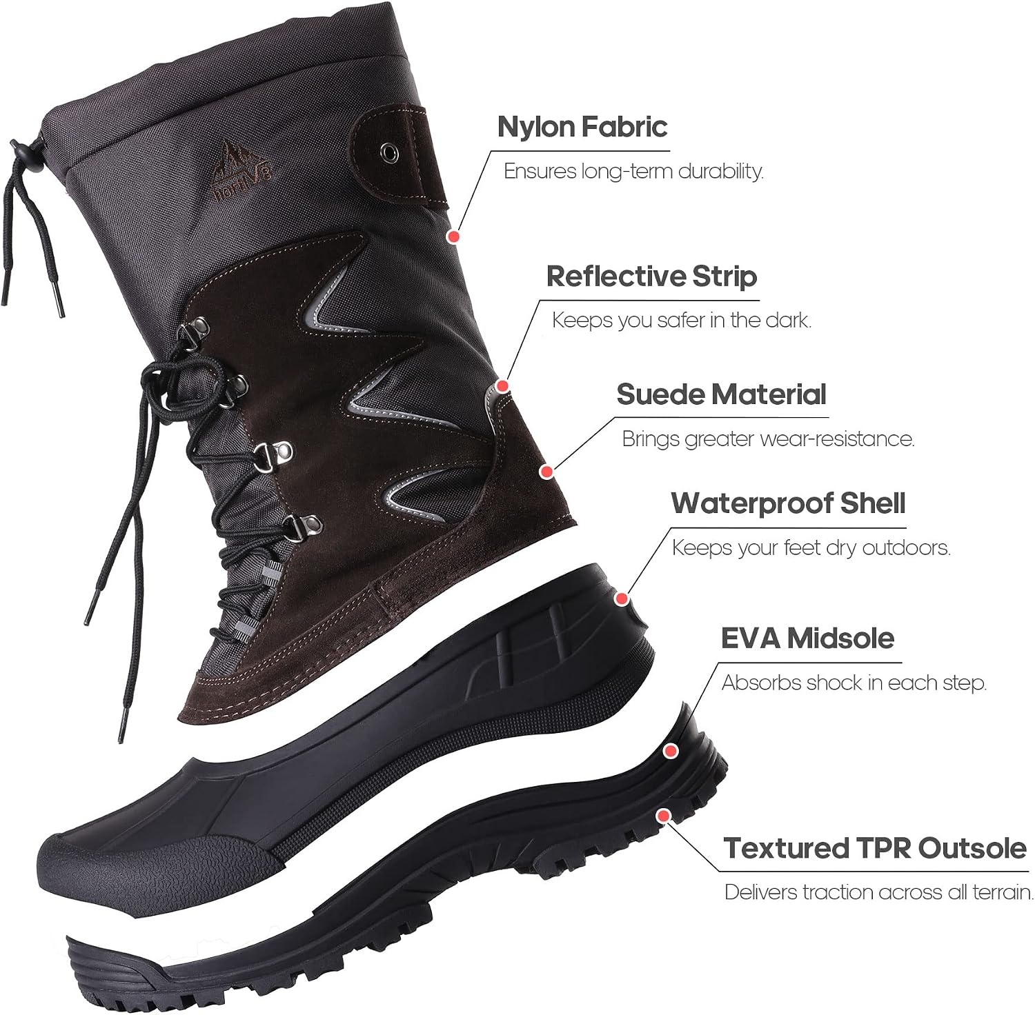 image:imageNORTIV 8 Mens Waterproof Winter Snow Boots Insulated Fur Liner Lightweight Outdoor Tall Boots QUEBECMBrownBlack