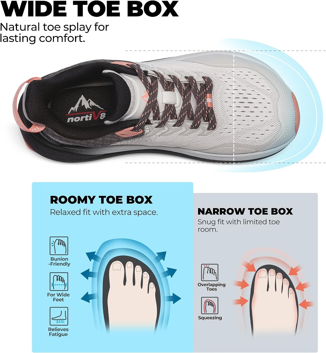 image:imageNORTIV 8 Womens Wide Toe Box Trail Running Walking ShoeLight GreyPink